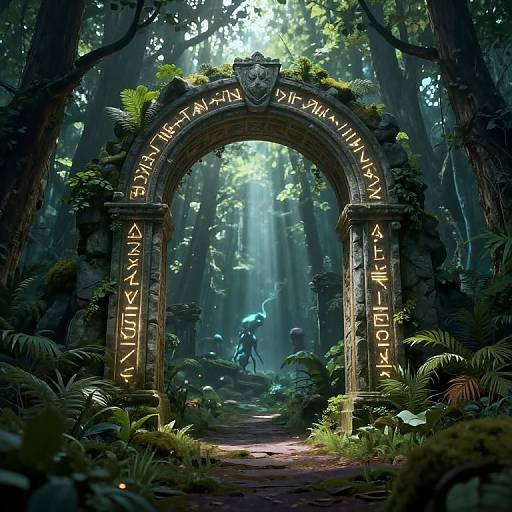 Digital art of a mystical forest archway with glowing runes, surrounded by lush greenery and sunlight filtering through trees, leading to a distant figure holding a