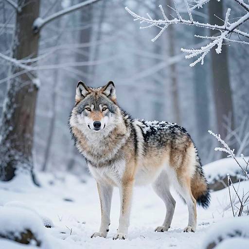Photograph of a grey wolf standing in a snowy forest, with frost-covered branches in the background, looking directly at the camera.