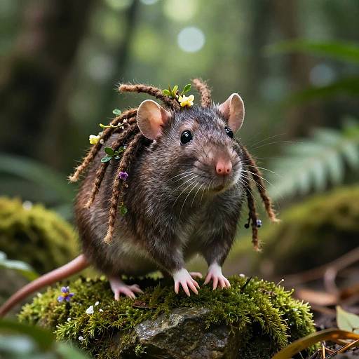 Photograph of a brown rat with colorful, flower-adorned dreadlocks, standing on a mossy rock in a lush, green forest.