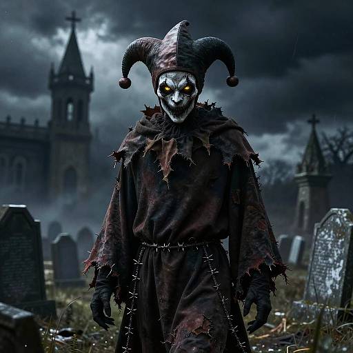 Sinister Jester in Stormy Cemetery