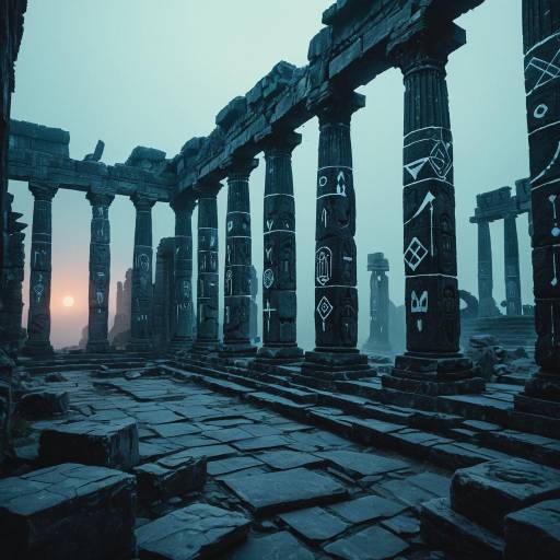 Sunken Ancient Ruins with Glowing Runes at Dawn