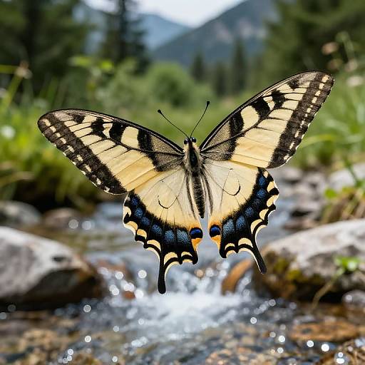 Photograph of a yellow and black swallowtail butterfly with orange spots, perched above a sparkling stream in a lush, green forest.