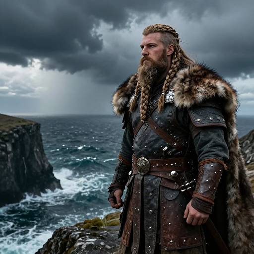 Photorealistic digital art: Bearded Viking warrior with braided hair, fur-trimmed dark coat, standing on rocky coastline under stormy sky