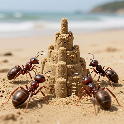 Photograph of five dark brown ants building a sandcastle on a sunny beach, with blurred ocean and sky in the background.