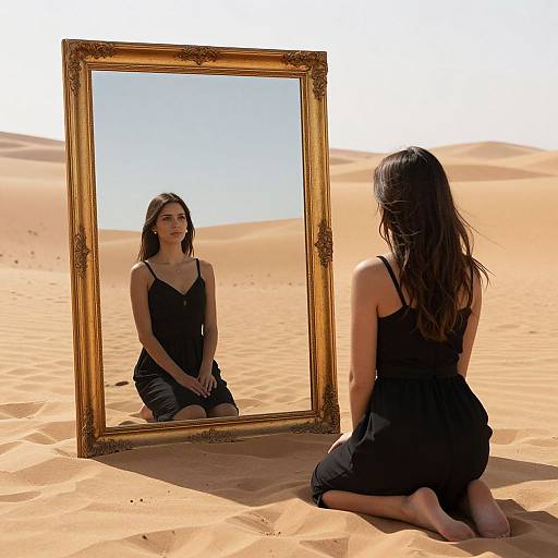 Woman with long brown hair, wearing a black dress, kneels in a desert, reflecting in an ornate gold-framed mirror. Bright sunlight,
