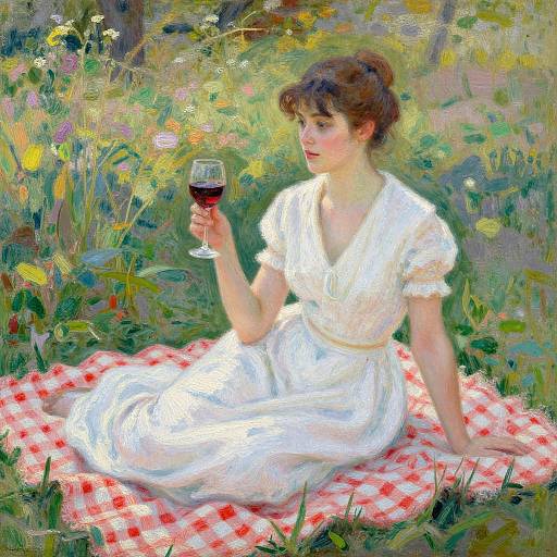 Impressionist painting of a fair-skinned woman with brown hair, wearing a white dress, sitting on a red-and-white checkered blanket, holding
