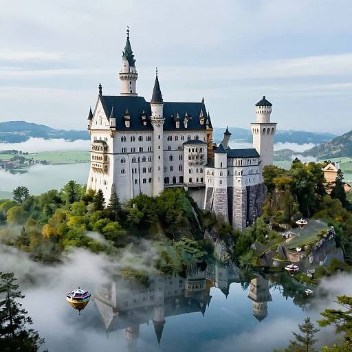 Photograph of a majestic, white, medieval-style castle with multiple turrets, set on a misty, forested island, reflected in a calm