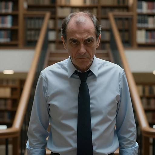 Intense Man in Library Setting