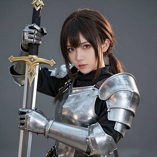 Digital artwork of an attractive young Asian woman with dark hair in silver armor, gripping a gold-hilted sword against a gray background. She has a