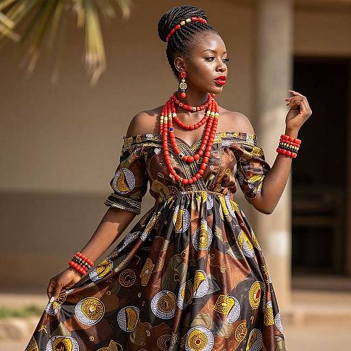 Photograph of an elegant African woman with dark skin, wearing a patterned off-shoulder dress, red bead necklaces, bracelets, and red