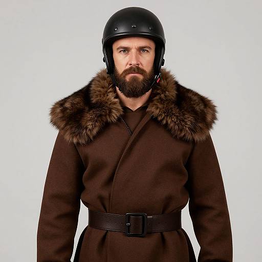 Photograph of a bearded man with a black helmet, brown fur-trimmed coat, and black belt, standing against a white background.