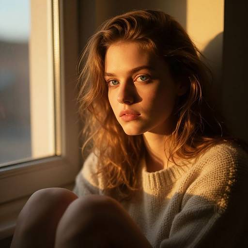 Photograph of a young woman with wavy brown hair, wearing a white knitted sweater, sitting by a sunlit window, casting dramatic shadows on