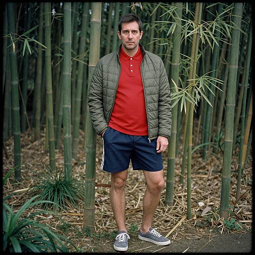 Photograph of a middle-aged man with short dark hair, wearing a red polo, green quilted jacket, navy shorts, and gray sneakers, standing