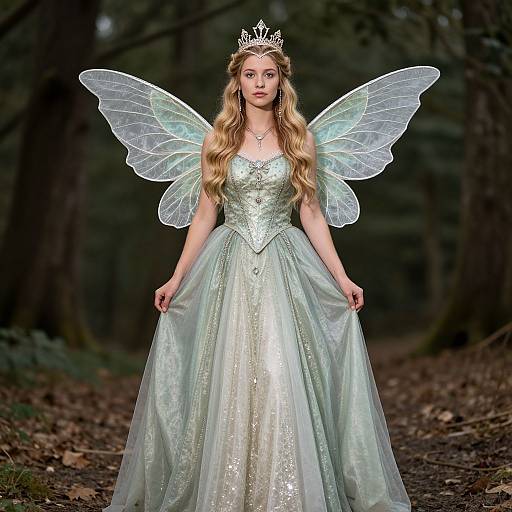 Photograph of a fair-skinned woman with long blonde hair, wearing a silver tiara, translucent fairy wings, and a shimmering green gown,