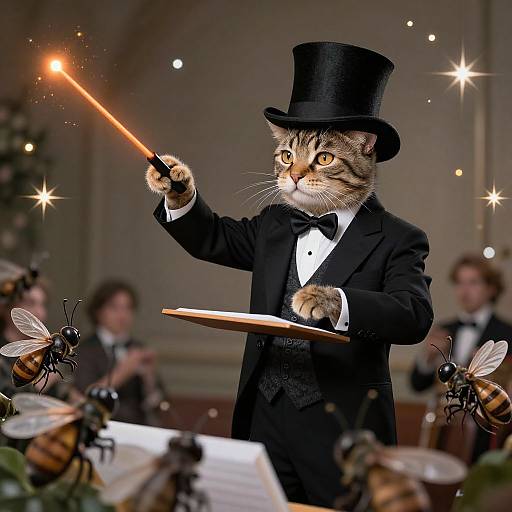 Photograph of a tabby cat in a black tuxedo and top hat, holding a magic wand, standing amidst buzzing bees, in a dim