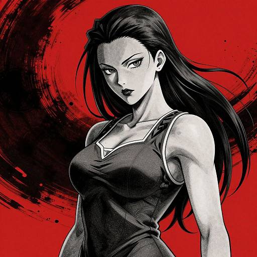Digital manga-style drawing of a strong, beautiful woman with long black hair, wearing a tight, sleeveless black top, against a bold red background with