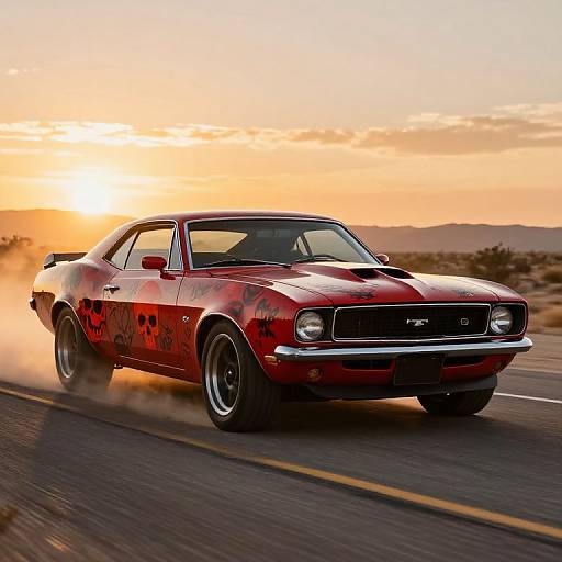 Photograph of a red, custom-painted muscle car with black flames, speeding on a desert road at sunset, kicking up dust.