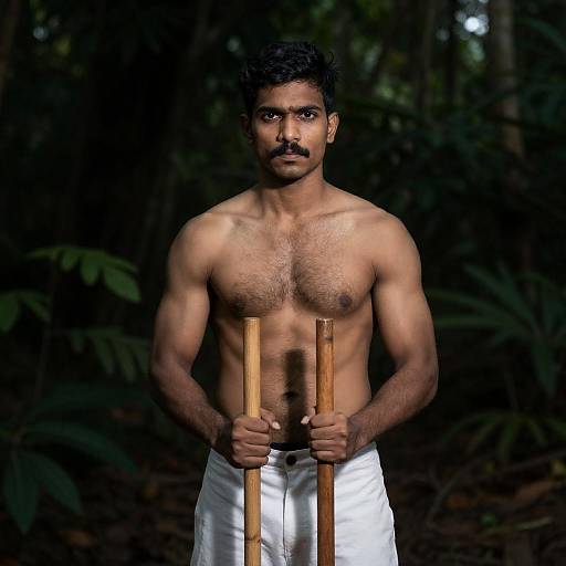 Shirtless Mustached Guardian in Dark Forest