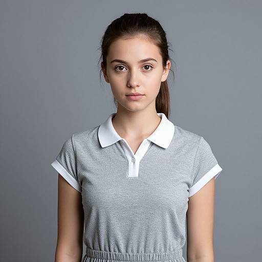Photograph of a young woman with light brown skin and dark brown hair in a ponytail, wearing a gray polo shirt with white collar and sleeves,