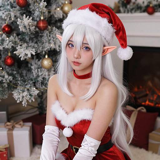 Digital art of a white-haired, elf-eared woman in a red Santa outfit, white gloves, and hat, kneeling by a decorated Christmas tree and