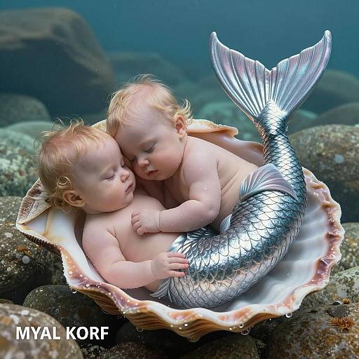 Two Baby Mermaids Cuddling in Shell