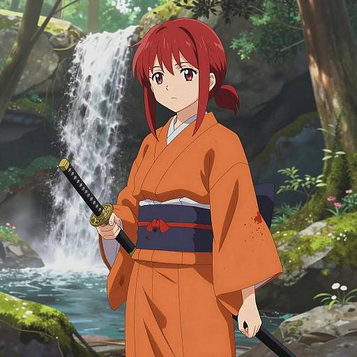 Red-Haired Anime Girl with Katana in Forest
