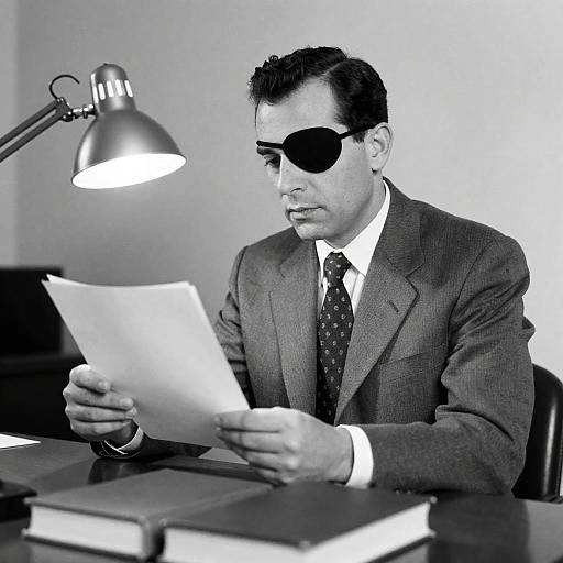 Man in Suit with Eyepatch Reading Papers