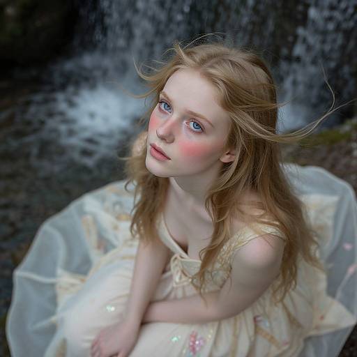 Photograph of a fair-skinned, blonde woman with blue eyes and rosy cheeks, wearing a white, floral dress, sitting by a cascading