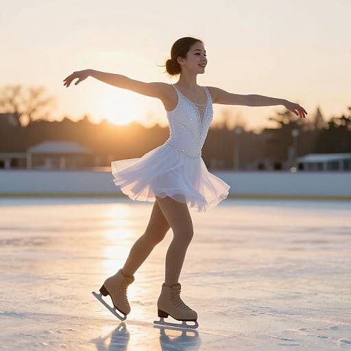 Photograph of a female ice skater in a white, sparkling dress and beige ice skates, gracefully gliding on an outdoor rink at sunset