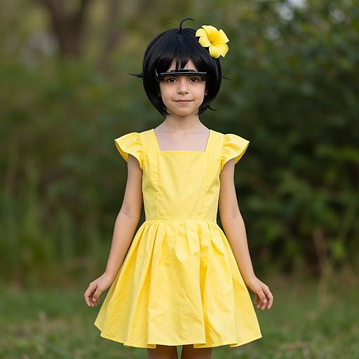 Photograph of a young girl with black hair and a yellow flower, wearing a bright yellow dress, standing in a grassy outdoor setting.