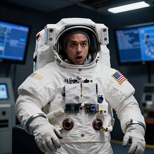 Surprised Astronaut in Space Interior