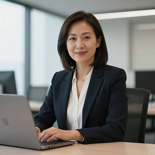 Photograph of an Asian woman with straight black hair, wearing a black blazer and white blouse, smiling while typing on a laptop in a modern,
