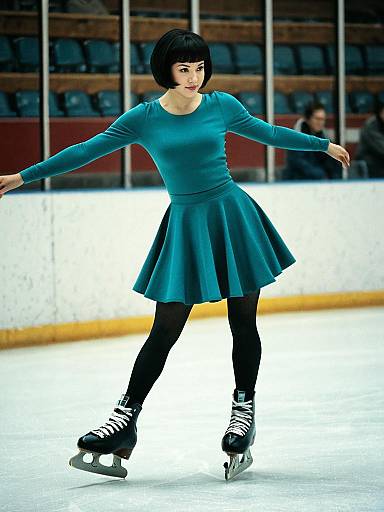 Photograph of a young Asian woman with short black hair skating in a teal dress, black tights, and white ice skates, on an indoor