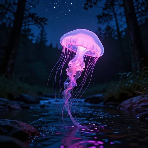 Photograph of a glowing pink and purple jellyfish in a dark, starry forest night scene, with its translucent bell and long, trailing tentacles