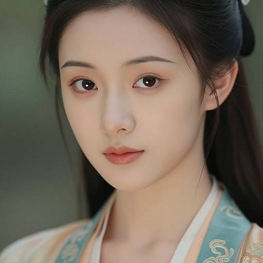 Photograph of a young Asian woman with fair skin, dark hair in a ponytail, wearing traditional attire, and subtle makeup, looking directly at the