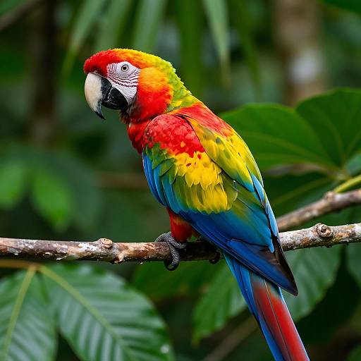 Vibrant photograph of a red, yellow, blue, and green macaw perched on a branch, with lush green foliage in the background.