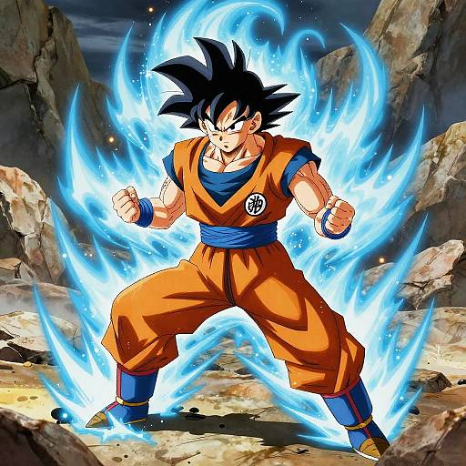 Digital artwork of Super Saiyan Son Goku, surrounded by blue energy aura, in orange martial arts outfit, standing in rocky terrain.