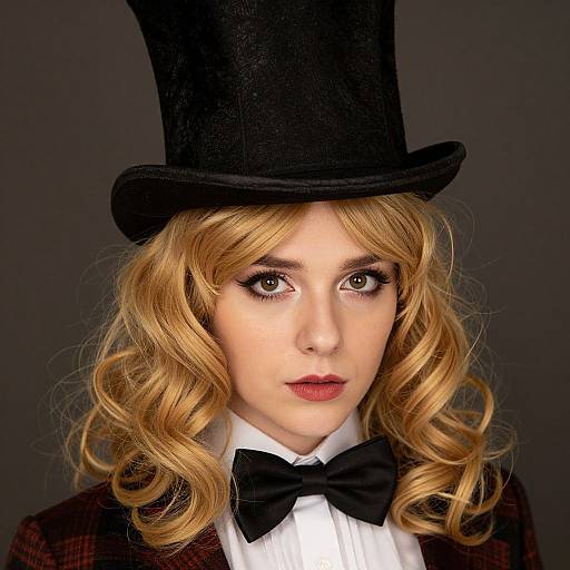 Photograph of a pale-skinned woman with curly blonde hair, wearing a black top hat, black bow tie, white shirt, and red lipstick,