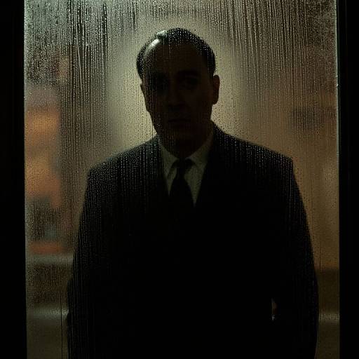 Silhouetted man in dark suit and tie stands behind rain-streaked window, bathed in dim, moody light. Photograph evokes