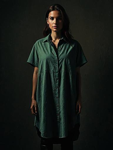 Woman in Oversized Green Shirt Dress