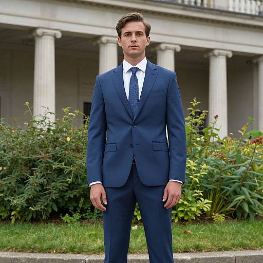 Photograph of a young, clean-shaven Caucasian man in a dark blue suit, white shirt, and black tie, standing in front of a classical