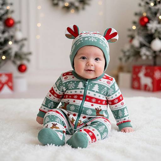 Photograph of a cute baby in a festive green and red Christmas onesie with reindeer hat, sitting on white fur, surrounded by decorated Christmas trees