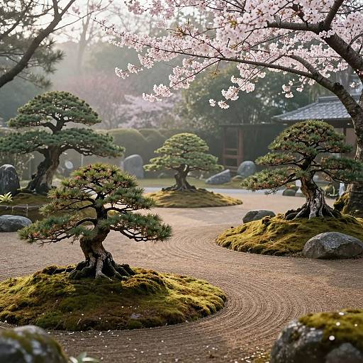 Photograph of a serene Japanese garden with winding gravel path, moss-covered rocks, bonsai trees, and cherry blossoms under soft sunlight.