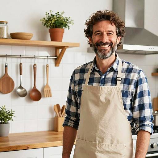 Photograph of a smiling middle-aged man with curly brown hair and beard, wearing a blue checkered shirt and beige apron, standing in a bright