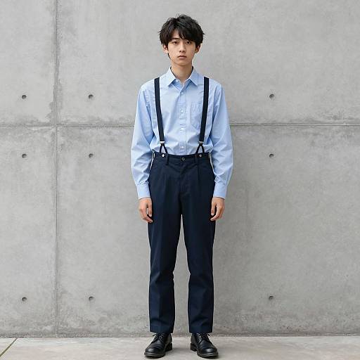 Japanese Teen Boy in Suspenders and Blue Shirt
