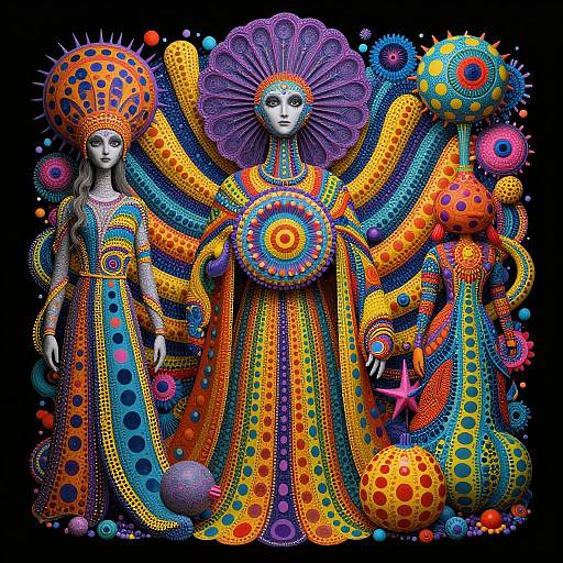 Psychedelic Mythological Figures in Vibrant Patterns