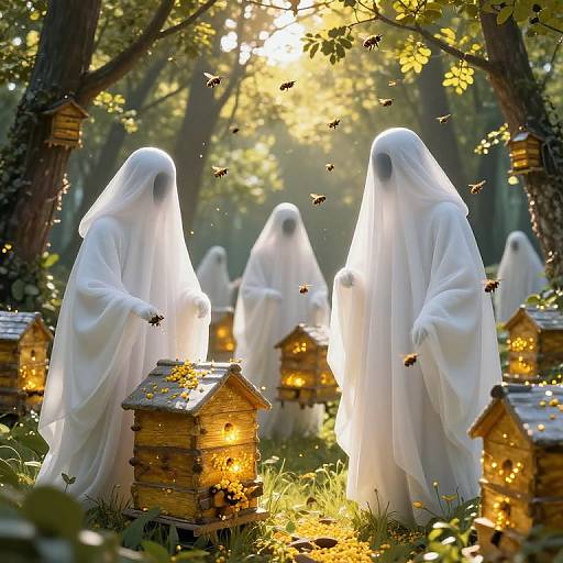 Photograph of ethereal white ghostly figures in a sunlit forest, standing among glowing wooden birdhouses, surrounded by fluttering bees.