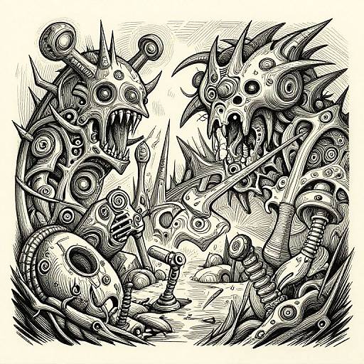 Black and white ink drawing of two fierce, spiky, mechanical creatures with circular eyes and open mouths, facing each other amidst chaotic, jagged lines
