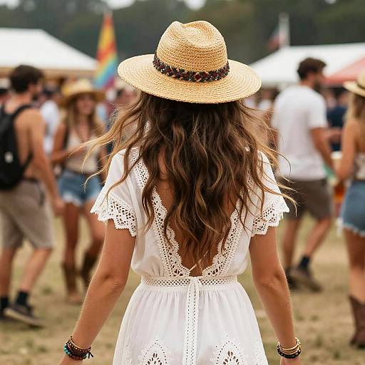 Photograph of a woman with long, wavy brown hair, wearing a straw hat and white lace dress, standing with her back to the camera at