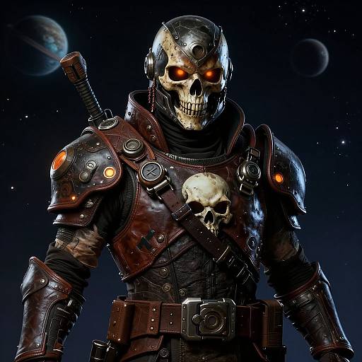 Digital CGI of a menacing armored skeleton with glowing orange eyes, skull emblem, sword on back, against a starry space background.
